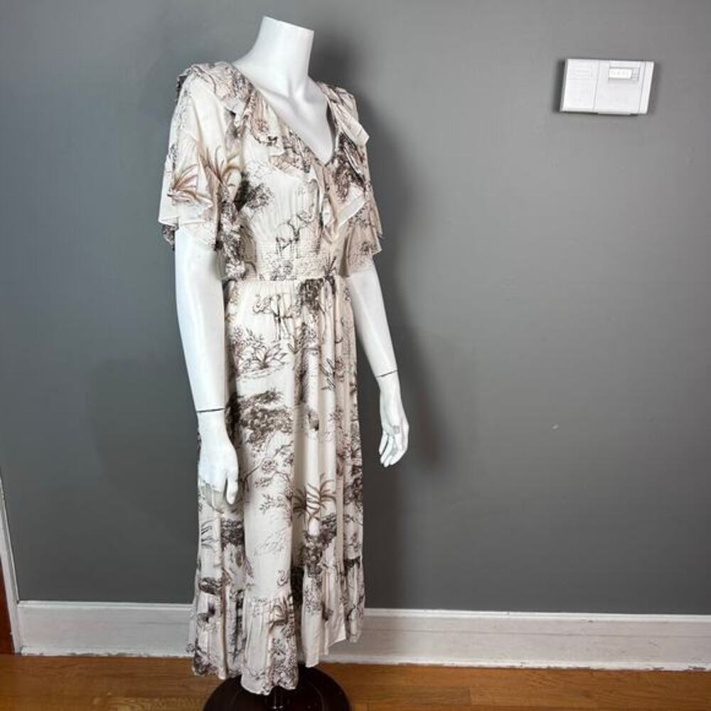 Sandro Dress 34 / XS / 2 Midi Toile‎ Ruffle Safari Print Cotton Victorian Jolay - Picture 9 of 16